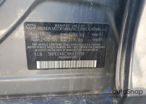 2011 Hyundai Sonata Se z USA, uszkodzony, nr VIN 5NPEC4AC3BH131958